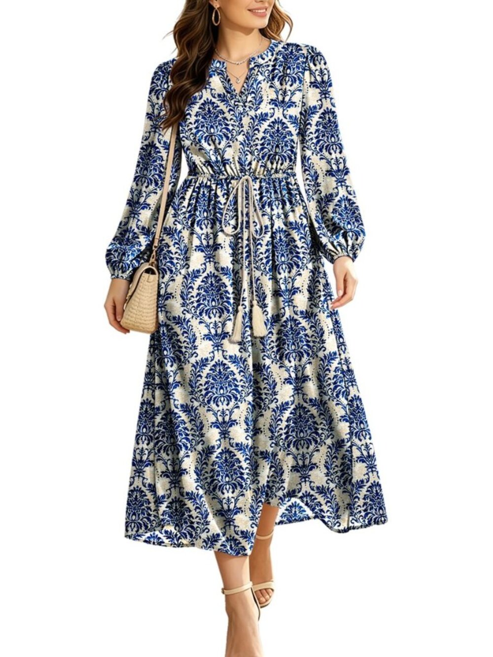 Womens Boho Maxi Dress Cotton Casual Dresses Fall Long Sleeve Floral Print